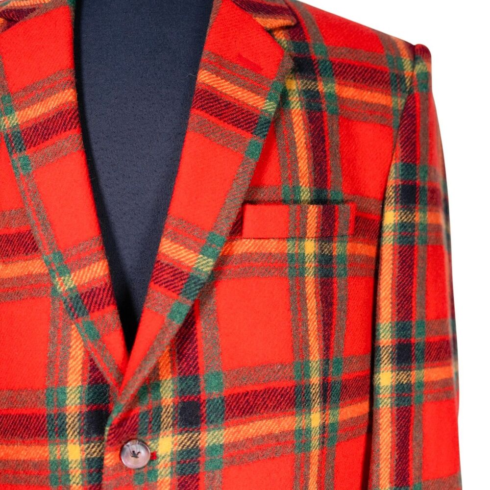 Mens Lambswool Blazer 44R Orange Green Tartan Plaid Sport Coat Jacket Preppy - Picture 6 of 10